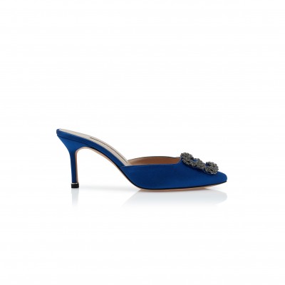 MANOLO BLAHNIK HANGISIMU BLUE SATIN JEWEL BUCKLE MULES 9XX-0726-0029